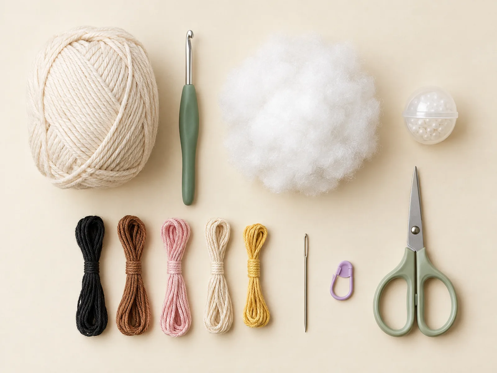 Materials and tools for crochet baby rattle pattern