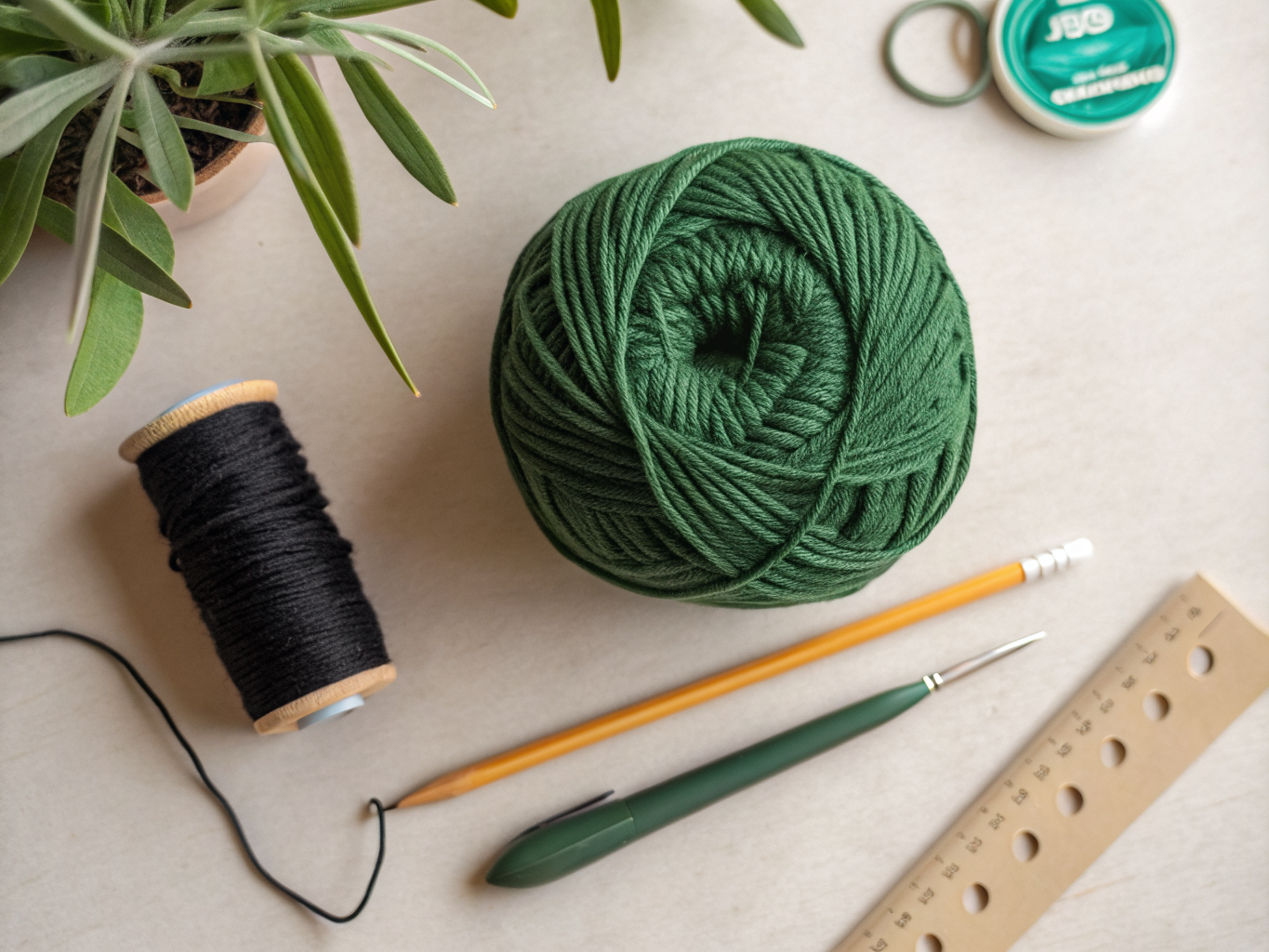 Yarn and crochet hooks for crochet frog amigurumi pattern
