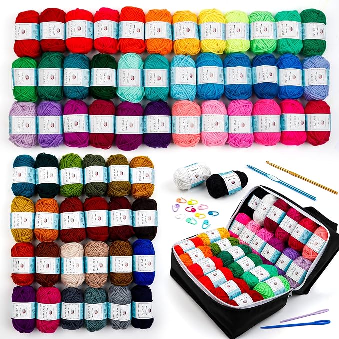 INSCRAFT 62 acrylic yarn skeins in assorted colors with crochet hooks, weaving needles and stitch markers