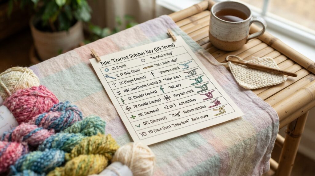 A crochet pattern key beside common US abbreviations and meanings.