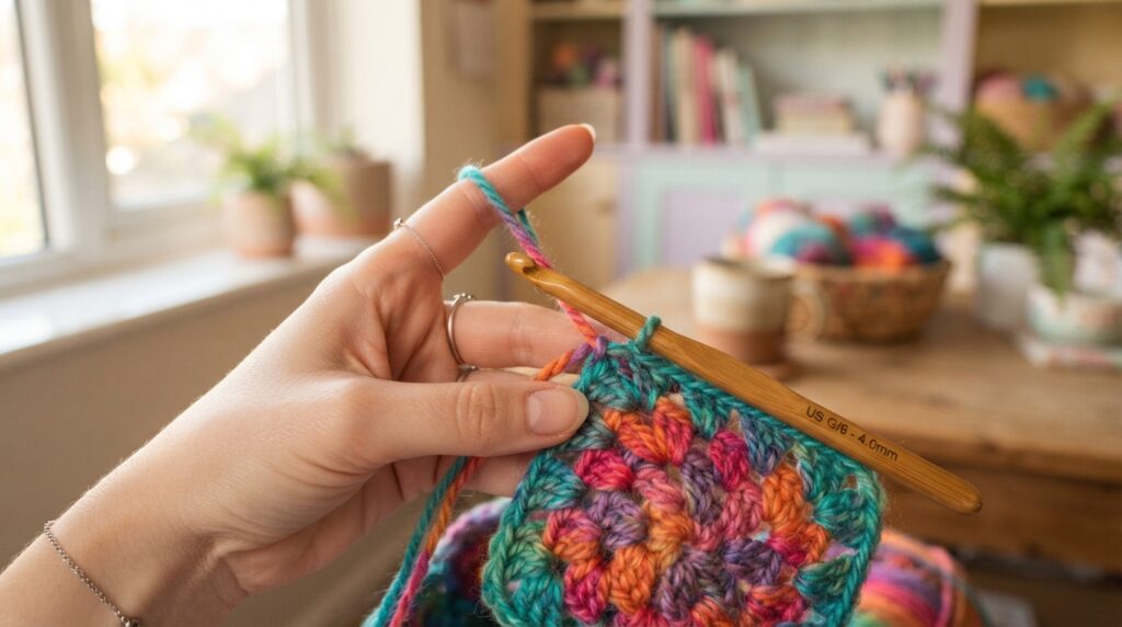 A relaxed hand guides working yarn beside a crochet hook