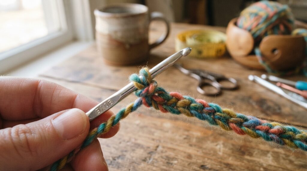 A slip knot on a hook beside an even foundation chain.