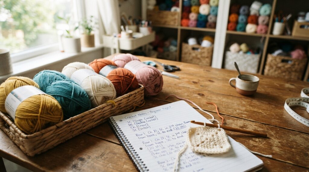 Beginner pattern notes beside yarn, showing clear stitch counts and abbreviations