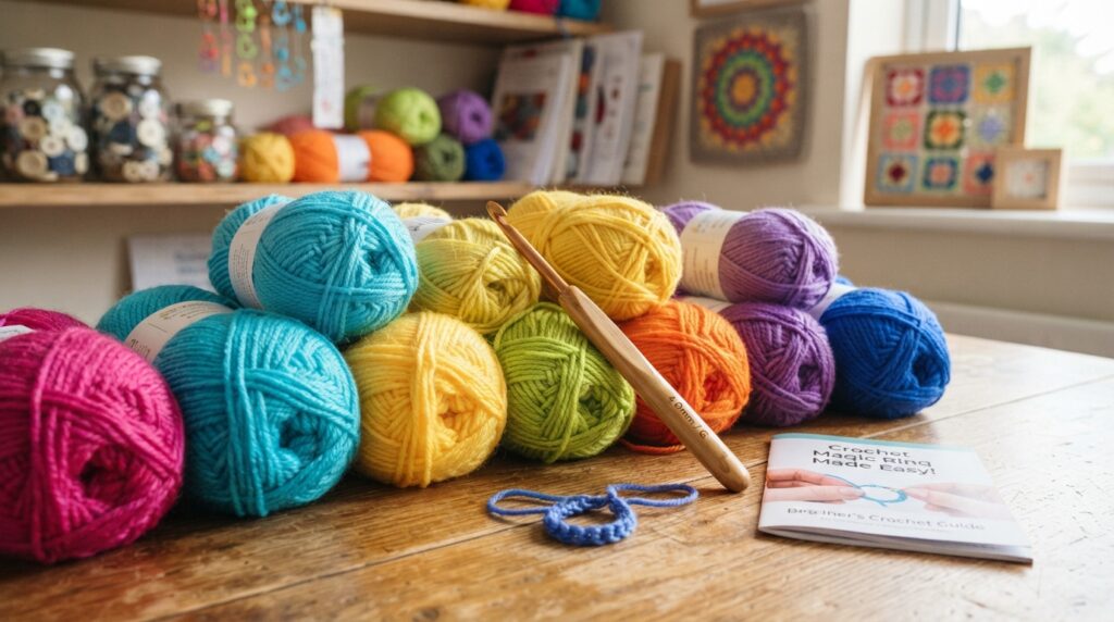 Bright yarn and hook set out for magic ring practice