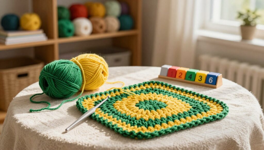 Crochet pattern and row counter beside a project in progress