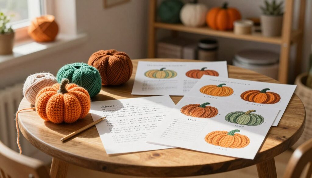 Crochet stitch abbreviations beside pumpkin pattern notes