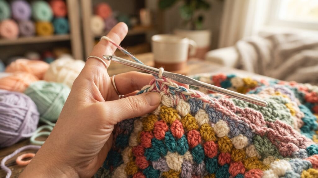 Hook entering a chain link before a crochet stitch Hook entering a chain link before a crochet stitch