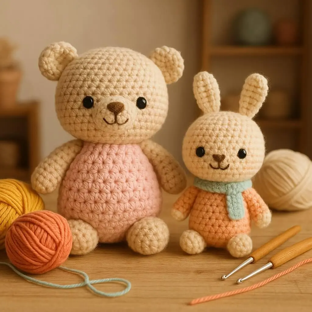 Cute handmade crochet amigurumi teddy bear and bunny