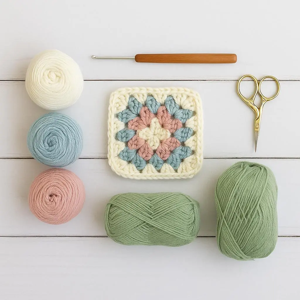 Beginner crochet granny square with yarn and crochet hook