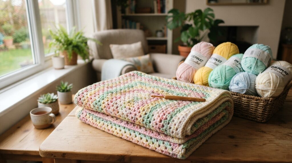 Large blanket project folded beside beginner crochet yarn Large blanket project folded beside beginner crochet yarn