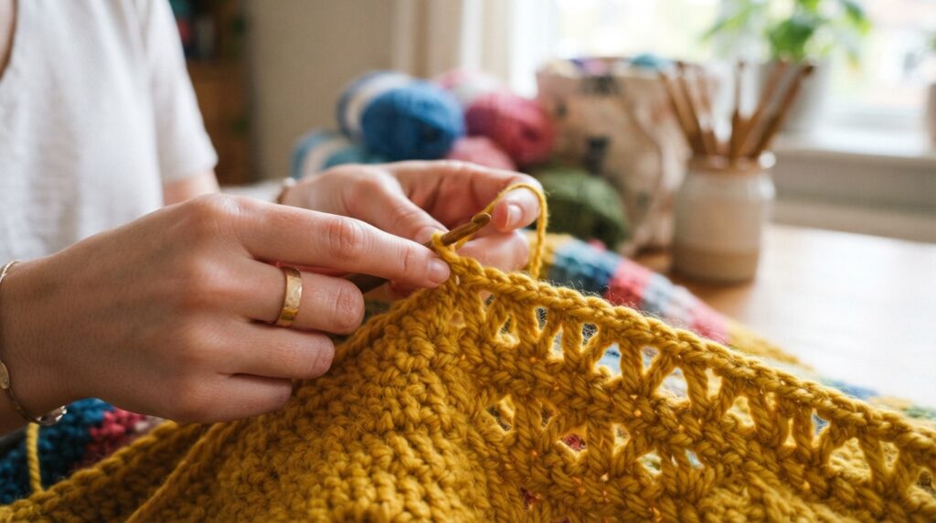 Short chain stitches showing open V-shaped yarn links
