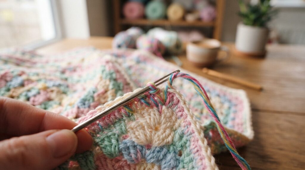 Yarn needle weaving a tail through the final crochet stitches