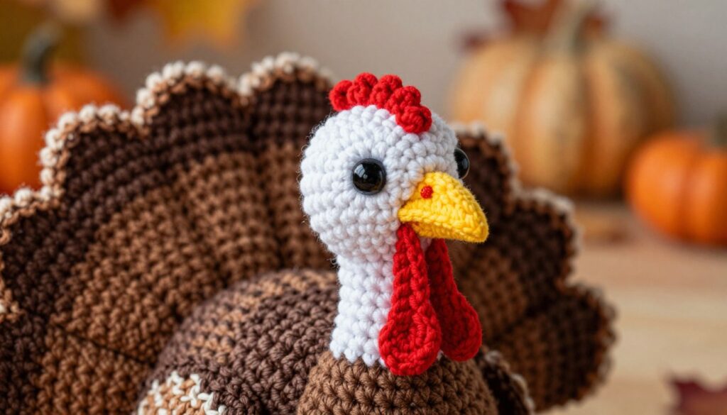 Yellow beak and red wattle beside crochet turkey head