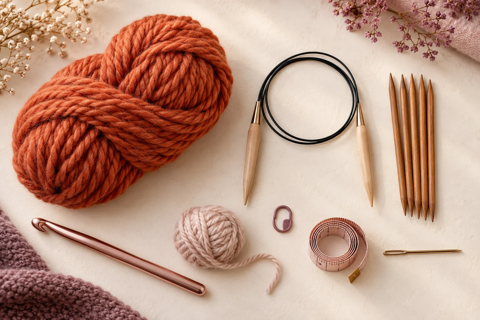 Super bulky rust yarn, circular knitting needles, double-pointed needles, crochet hook and knitting notions arranged on a cream table