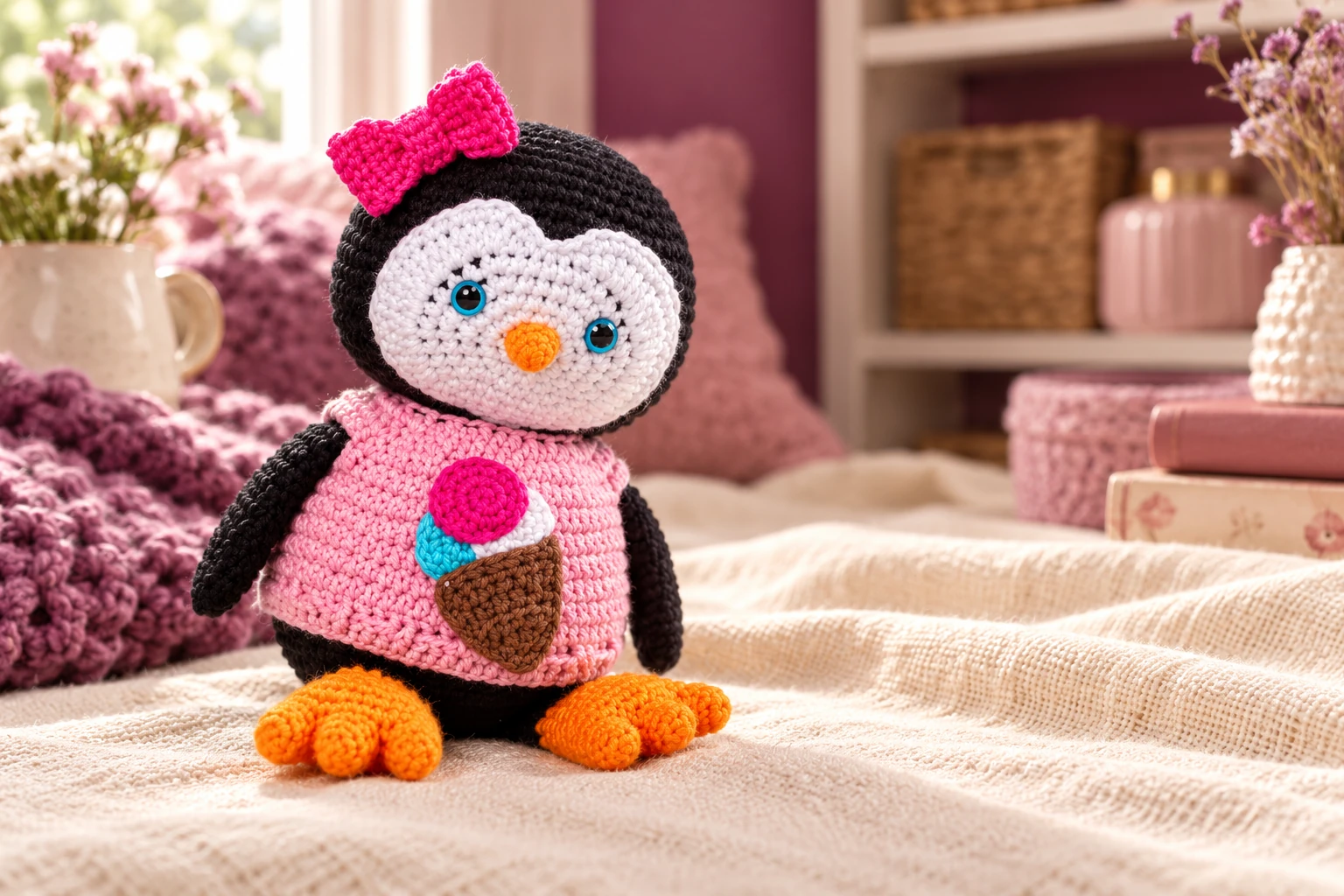 Crochet Penguin Pattern With Sweater and Ice Cream Applique
